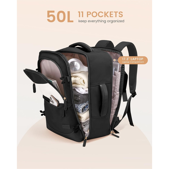 LOVEVOOK Рюкзак для ручної поклажі 40л, чорний, для подорожей, з відділенням для мокрого та сухого, для ноутбука, 45x36x20 см