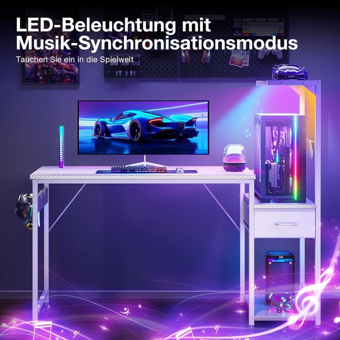 Ігровий стіл Coleshome з LED-підсвічуванням, з ящиками та полицею, регульований, з тримачем для навушників (білий карбон, 120×48 см)