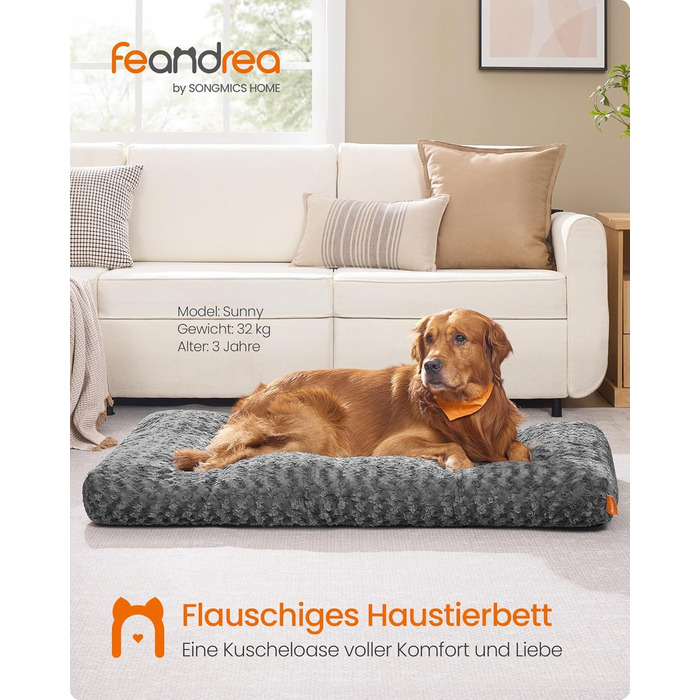 Ліжко для собак Feandrea XL, м'яка подушка для великих собак, 110 x 73 см, сірий колір, зручне та миється, антиковзаюча підкладка, PGW293GN01