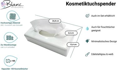 Blanc HYGIENIC Cosmetic Tissue Dispenser Futura – Wall-mountable tissue dispenser, dispenser for cosmetic tissues and wet wipes, capacity of 100 sheets, White