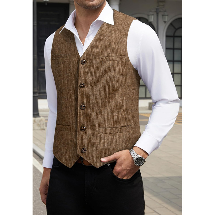 Жилет чоловічий HISDERN Vintage Tweed, скроєний для ділового стилю та вечірніх подій, з кишенями, темно-сірий (L, Коричневий-1)