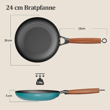 Набір сковорідок YUTANN з чавуну (20, 24, 28 см), з антипригарним покриттям, знімний дерев'яний ручка, для плити, індукції, духовки, без PFAS/PFOA, легко мити (блакитний, 24 см)