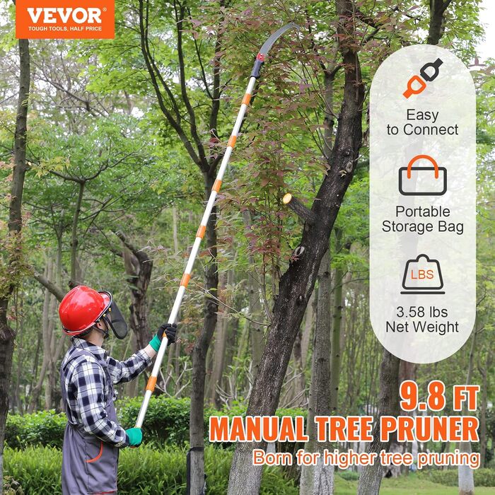 VEVOR Telescoping Tree Saw Manual Tree Saw 1.4-3m Adjustable High-Reach Pruner with 8 Poles Branch Shear Telescoping Blade Made of Carbon Steel Reach up to 298cm for Cutting Branches, Bushes, and Trunks