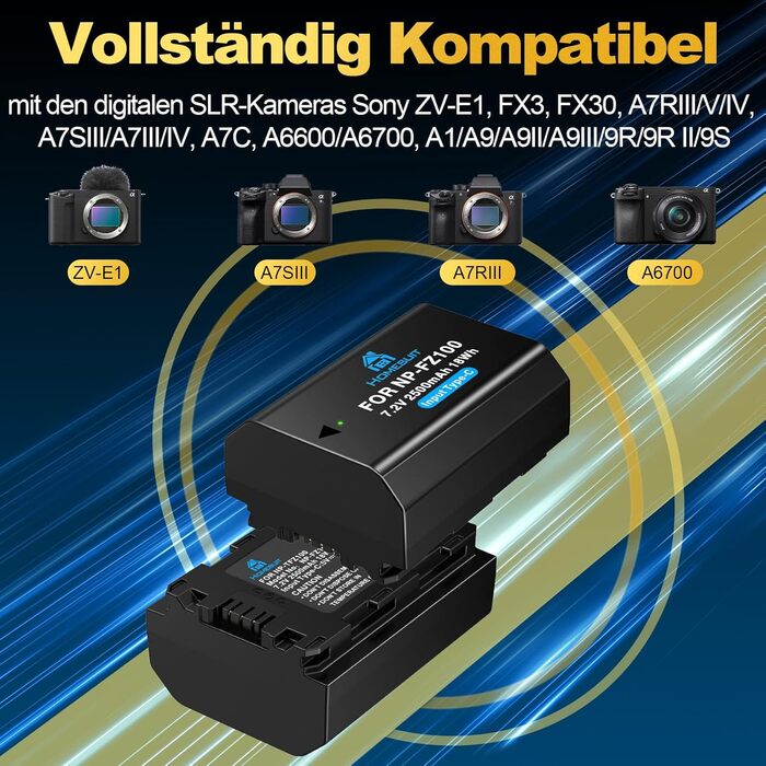 Акумулятор NP-FZ100 Homesuit 2280mAh та подвійний зарядний пристрій для камер Sony ZV-E1, FX3, FX30, A7RIII, A7RV, A7RIV, A7SIII, A7III, A7IV, A7C, A7CII, A6600, A6700, Alpha A1, A9, A9II, A9III, 9R, A9R, 9S (2 шт.)