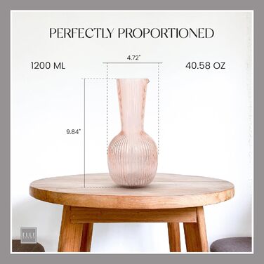 Elle Decor Ribbed Glass Carafe | Water Pitcher for Iced Tea, Wine Decanter, Mixed Drinks, and Beverages | Glass Carafe for Mimosa Bar | 1.1L Sangria Pitchers for Parties | 12 cm D x 24 cm H (Pink)