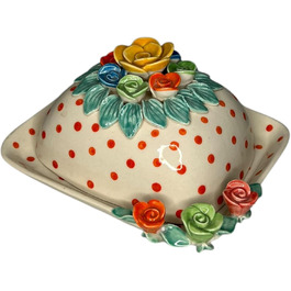Ceramic Butter Dish with Lid, Colorful, Hand-Painted (Polka Dot Roses)