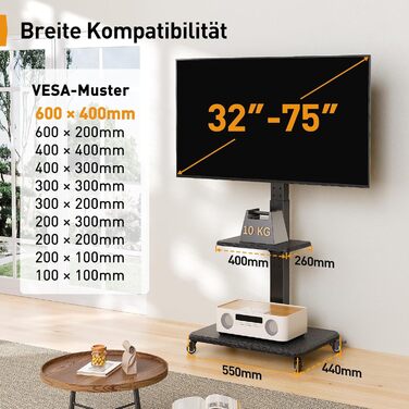 Підставка для телевізора Perlegear на колесах, 32-75 дюймів, до 50 кг, регульована висота, поворотна, нахилена, з підсвічуванням, VESA 600x400mm, PGTVMC27