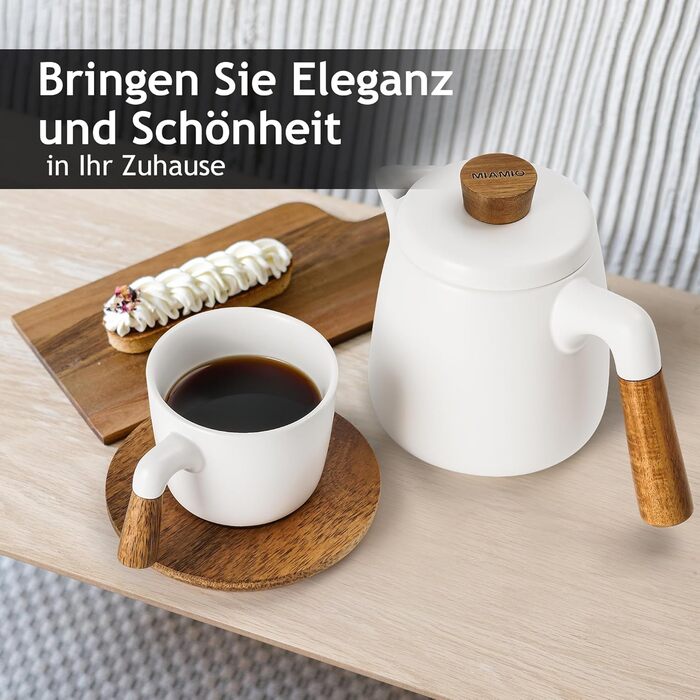 Набір для чаю Miamio: керамічний чайник 1 л з ситечком та 4 чашки (300 мл), бамбукові підставки
