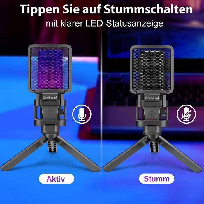 Zealsound USB Мікрофон для ПК та телефону – RGB, з регулюванням гучності, поп-фільтром, тримачем, та 2 адаптерами для подкастів, стрімінгу, Discord, YouTube, TikTok A68