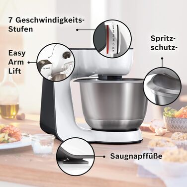 Bosch Kitchen Machine Series 4 MUM54A00, Stainless Steel Bowl 3.9 L, Planetary Mixing System, Dough Hook, Whisk, Beater, 900 W, White/Black Single