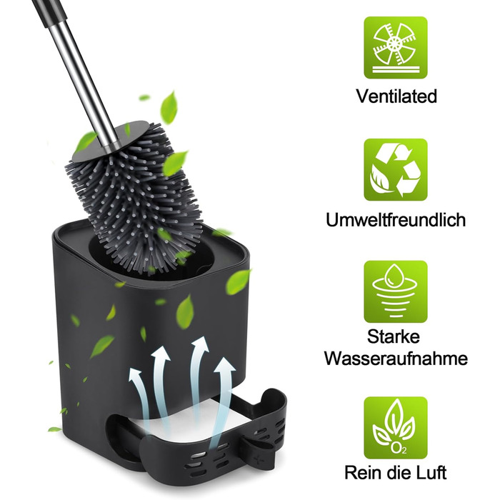 Силіконова щітка для унітазу Glowbal з контейнером, швидковисихаюча, для ванної кімнати, настінний монтаж/стоячий дизайн, білий/сірий (чорний/сірий)