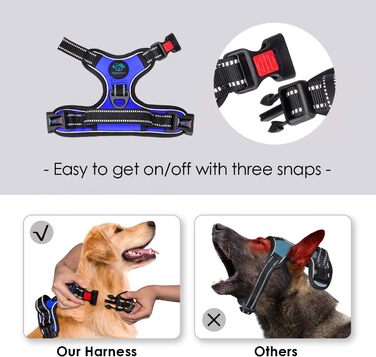 Шлейка для собак PHOEPET без натягу, світловідбиваюча, регульована, з ручкою, 2 металеві кільця, 3 застібки (легко одягати/знімати), колір: кобальтовий, розмір XS