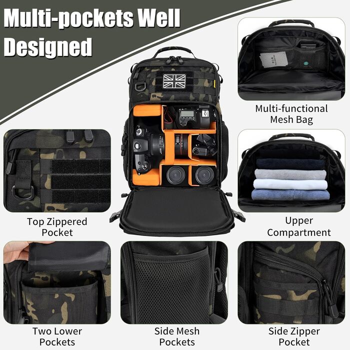 Рюкзак для камери з відділенням для ноутбука 15,6 дюймів - водонепроникний, міцний фоторюкзак для Canon, Nikon, DJI | Знімний вкладиш, кріплення для штатива, чорний камуфляж