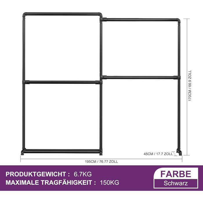 Міцна вішалка для одягу LOEFME з обертовими бічними панелями, металева стійка для одягу з полицею для зберігання, чорного кольору, 150 кг вантажопідйомність