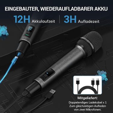 TONOR TW550 Бездротовий мікрофонний комплект з функцією автосканування, PRO-UHF, 2 мікрофони, 80 м радіус дії, 6,35 мм/3,5 мм, для караоке, вечірок, церкви, DJ