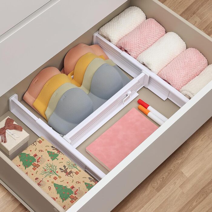 DIMJ 8-Piece Drawer Dividers Adjustable (32.6-56cm) Plastic, Closet Organizer for Kitchen Storage, Bedroom, Dresser, Light (8 Pieces, White)