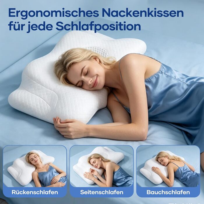 Ергономічна ортопедична подушка для шиї та голови з ефектом пам'яті (Memory Foam) 2-в-1, для сну на боці, спині та животі, зі знімним чохлом, 62 x 39 x 11/13 см, біла