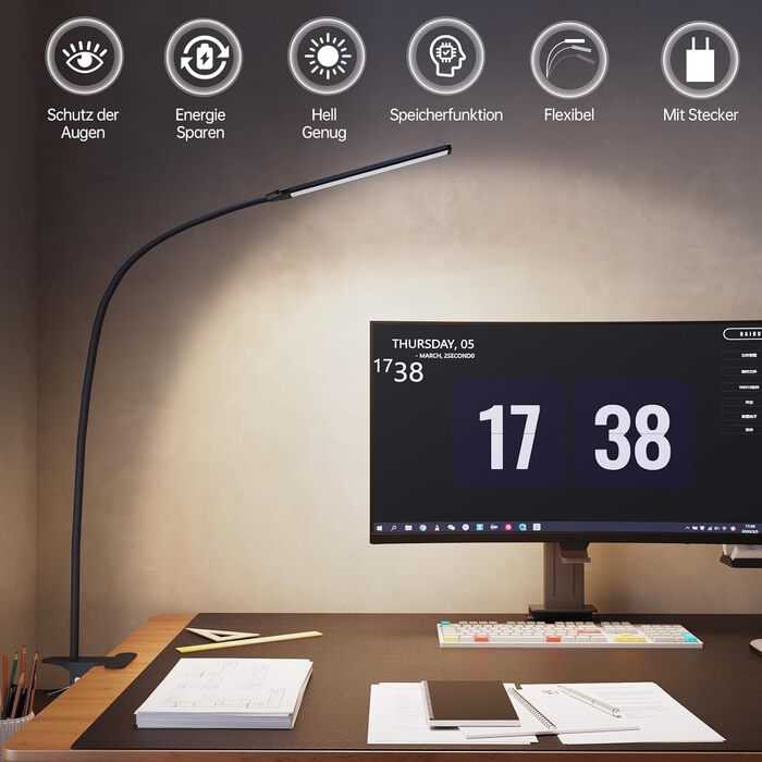 Стійка лампа Aisutha для столу з LED, 3 кольори, 10 рівнів яскравості, регульована, захист очей, для офісу, кабінету та майстерні (чорний)