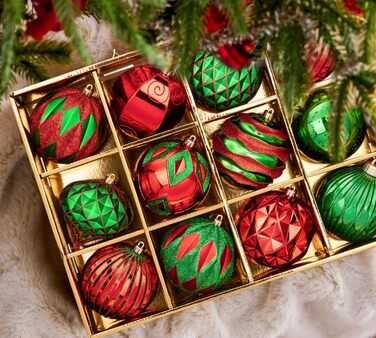 Набір з 12 штучок різдвяних кулі 10 см, великі, ударостійкі, для прикраси ялинки, з гачком (червоно-зелені)