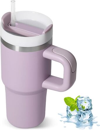 Термокружка ZAKVOP 410мл з трубочкою, кришкою та ручкою. Ізольована термокружка для кави та напоїв на виніс (світло-фіолетовий)