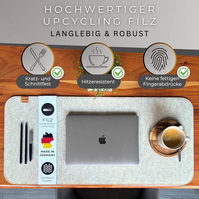Підкладка на стіл Kontor28® з фетру (Німеччина) 80x37.5 см, сіра. Антиковзка, миється, з переробленого PET-фетру