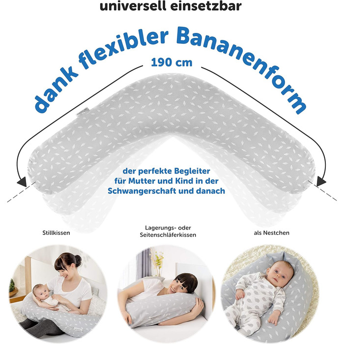 Theraline Original Nursing Pillow & Pregnancy Pillow - 190cm including 100% cotton cover - Filling with quiet micro beads - Positioning pillow, tested for harmful substances - Leaves Grey White