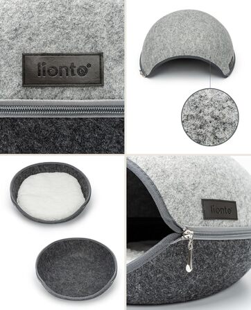 Lionto Cat Cave made of durable felt, cozy cuddle cave with zipper, 46x38x24 cm, comfortable and modern cat bed with soft and washable cushion, grey
