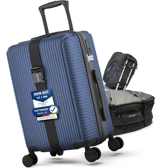 Чемодан ручної поклажі 55x40x20 см з телескопічною ручкою, легкий та міцний, з ABS-пластику з TSA-замком, з колесами, синій, ABS/PC + сумка