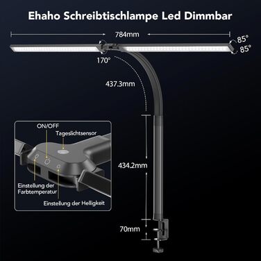 LED лампа для столу Ehaho 2100LM з регулюванням яскравості, 24W, 224 LED, 80 см, кріплення на монітор, гнушкий шийка, офісна лампа з пультом, 10 температур кольору та 10 рівнів яскравості (для дому/офісу), чорна