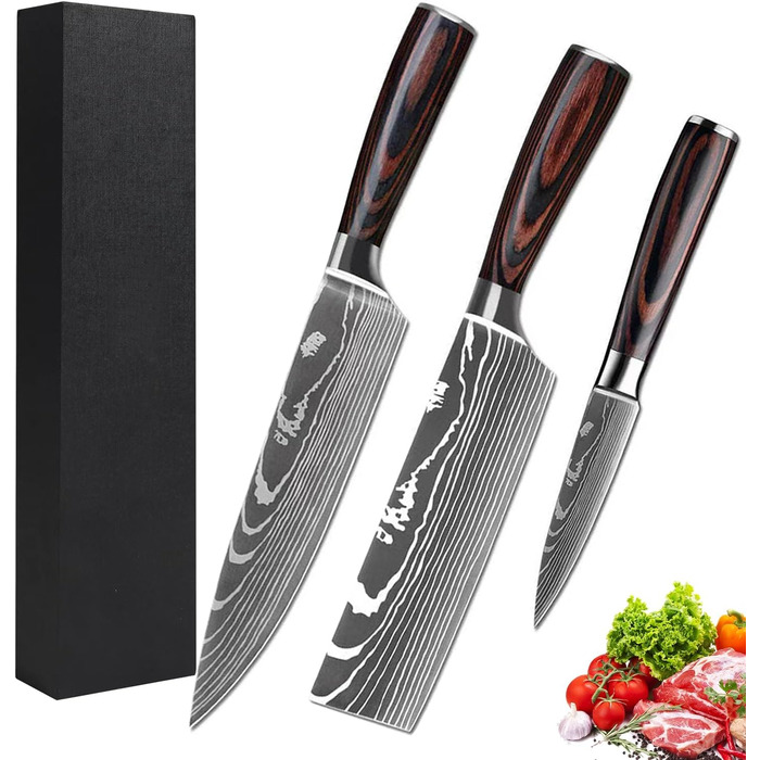Набір кухонних ножів Camkum 3 шт: кухонний ніж, ніж Nakiri, ніж для фруктів. З нержавіючої сталі EN1.4116, подарункова упаковка