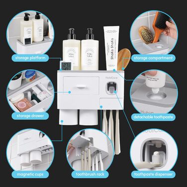 HubiCare Toothbrush Holder with Toothpaste Dispenser Wall Mount for Bathroom, Automatic Toothpaste Press, Bathroom Organization and Storage, 5 Toothbrush Slots (2 Cups)