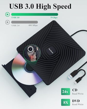 Зовнішній DVD-накопичувач PeroBuno USB 3.0 Type-C, CD ROM +/-RW оптичний привід, ультратонкий DVD-записувач та плеєр для ноутбука, PC, MacBook (Windows, Linux, macOS)