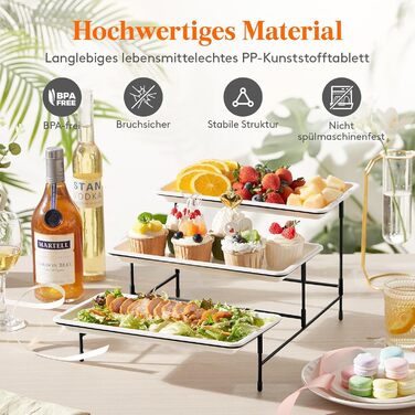 Lifewit 3-Tier Etagere with 30 x 17 cm Plastic Serving Plates, 3-Level Serving Tray Serving Platter with Folding Black Metal Shelf, Buffet Party Accessories for Vegetables/Fruit/Cookies/Cake