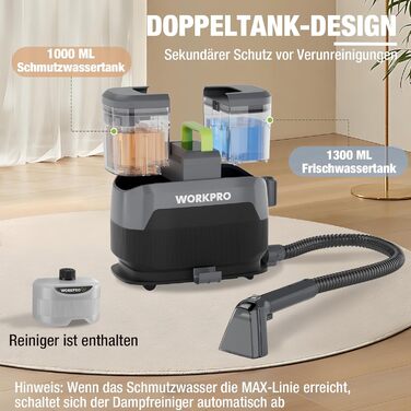 WORKPRO Мийний пилосос для килимів та м'яких меблів, 16 kPa, 4 режими очищення, насадки для килимів, диванів, матраців, вікон, видалення тваринських плям