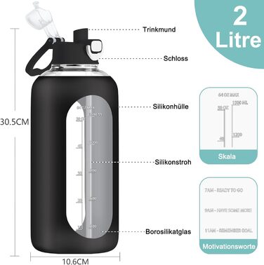 2 Liter Glass Drinking Bottle, 2l Glass Bottle, Glass Water Bottle with Straw, Bottle Brush, Black