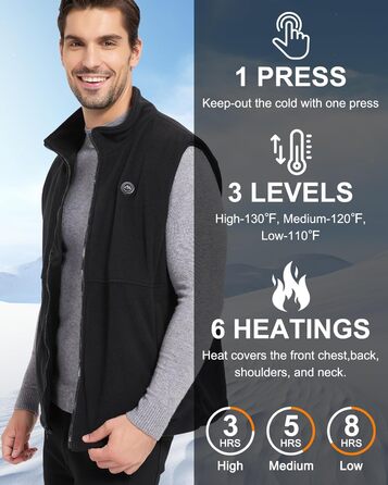 Обогревна жилетка для чоловіків, флісова жилетка з акумулятором 10000mAh, 6 нагрівальних панелей, для активного відпочинку, роботи на відкритому повітрі, зимова XL чорна