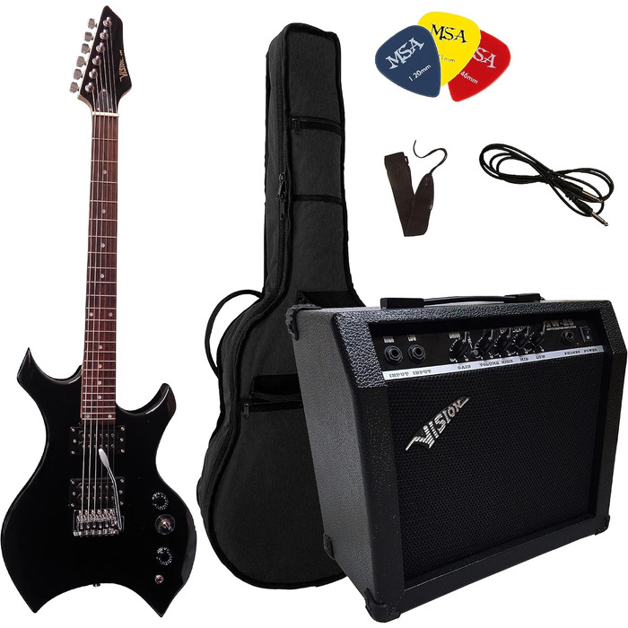Набір електрогітари Heavy Metal - чорний, підсилювач 45W, сумка, ремінь, 3 медіатори, тюнер, 2 хамбакери