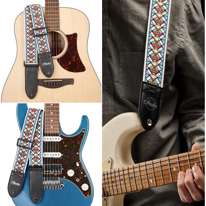 Гітарний ремінь Amumu з бавовни з вишивкою троянд та шкіряними кінцями для бас-, електро- та акустичної гітари, з фіксатором для голівки та блоками для ременя (Білий)