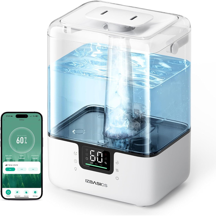 Зволожувач повітря EZBASICS Smart з верхнім заповненням 6L, 360° поворотна насадка, зволожувач та аромадифузор для дитячої кімнати, рослин, з програмою та голосовим керуванням, 1 упаковка + 7 нічників