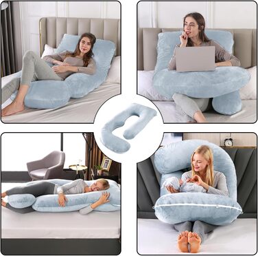 Подушка для вагітних CALIYO J-подібної форми, XXL, для сну на боці, з бавовняною підкладкою (180x70 см, блакитно-сіра)