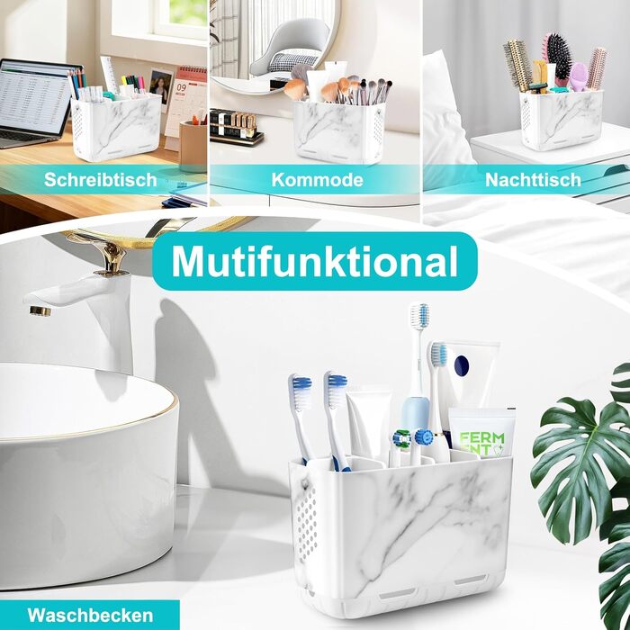 Тримач для зубних щіток електричних з отворами для стоку, дерев'яниста текстура, органайзер для зберігання зубних щіток на 4 щітки, легко чистити, для ванної кімнати (білий мармуровий малюнок, великий)