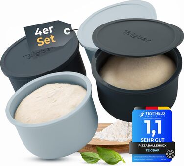 Pizza Ball Box with Lid, Set of 4 - Space-saving dough box made of non-stick silicone - Up to 350g pizza dough box - Proofing box, pizza accessory, pizza box - Black/Grey - Ø13cm