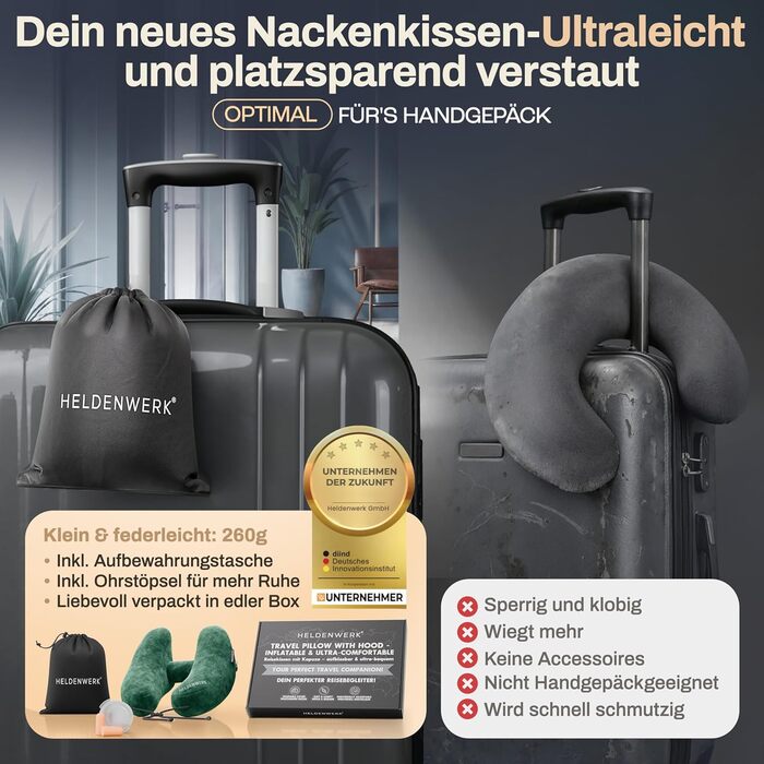 Подушка для шиї HELDENWERK® Air - для подорожей літаком та автомобілем | 5 положень, регульована, знімний капюшон | М'яка, зелена, для жінок та підлітків