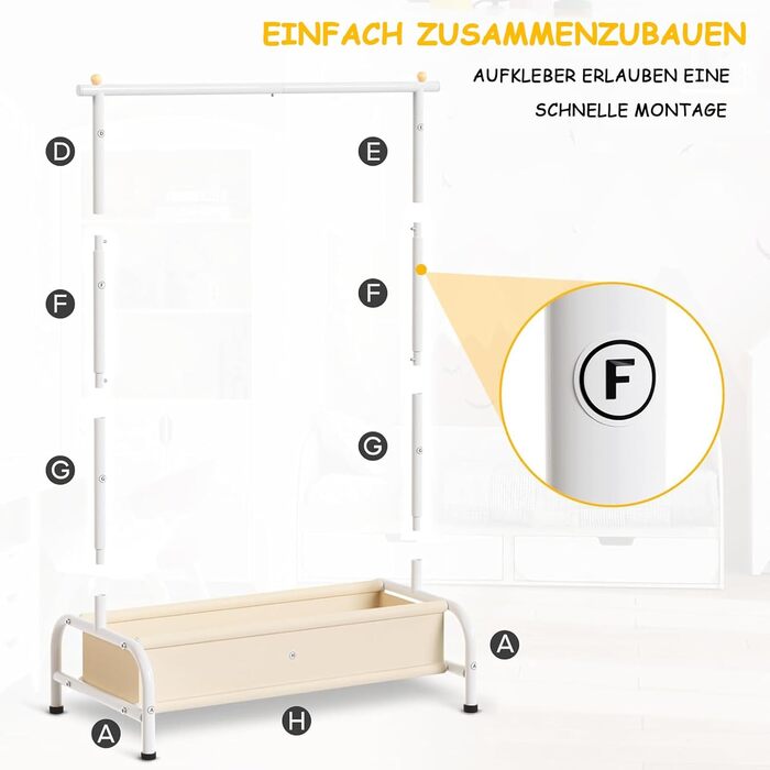 Детский вешалка для одежды MISSLO с корзиной, белая. Компактная стойка для хранения детской одежды, выдерживает большую нагрузку. Размеры: 38 x 81 x 114 см