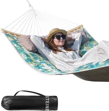 Bathonly Large Outdoor Double Hammock for 2 People, 3m Double Hammock, Quilted Fabric Swing with Foldable Curved Rod, Detachable Pillow, Carry Bag, Holds up to 204 kg (Blueleaves)
