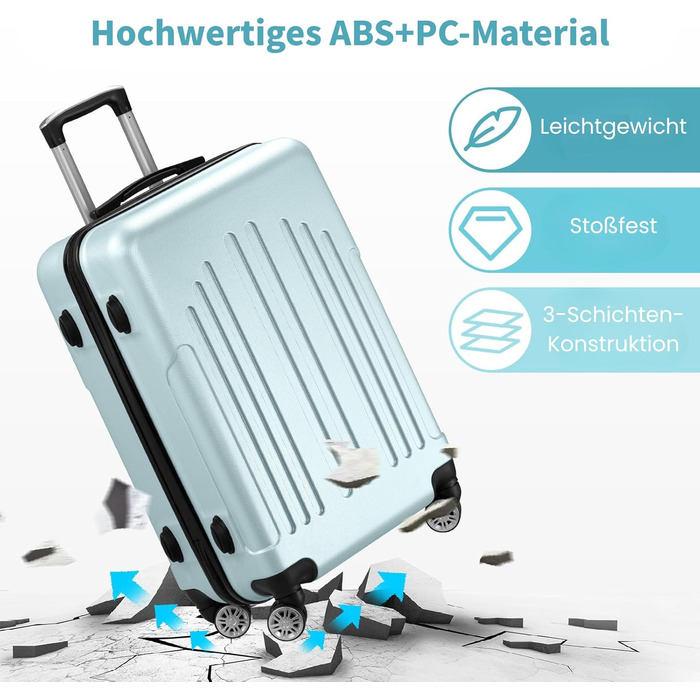 Набір валіз LALAHO 3 шт. з твердим корпусом, великий дорожній набір, валізи з колесами, ABS+PC, ручна поклажа, набір з 3 валіз, м'ятно-зелений колір