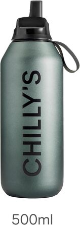 Chilly's Series 2 Flip Bottle - Thermos flask with sports cap, telescopic straw and nylon carry loop - stainless steel bottle with Easy Flip opening, straw cleaning brush included (Ombre - Slate, 500 ml)