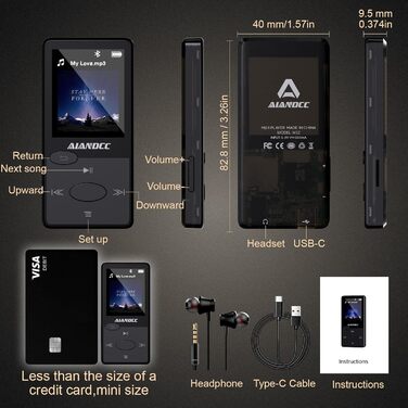 MP3-плеєр Bluetooth 5.3 HiFi, FM-радіо, 32GB, з навушниками, підтримка TF-карт (Чорний)