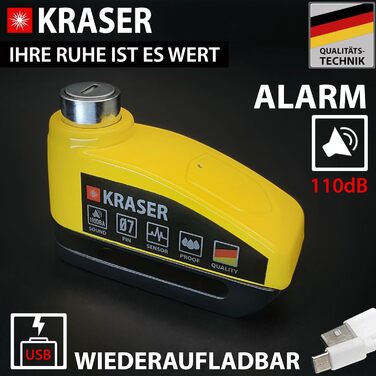 Протиугінний замок KRASER KR7Y на гальмівний диск для мотоцикла з сигналізацією 110 дБ, акумуляторний, зарядка USB Type-C, універсальний Ø7 мм