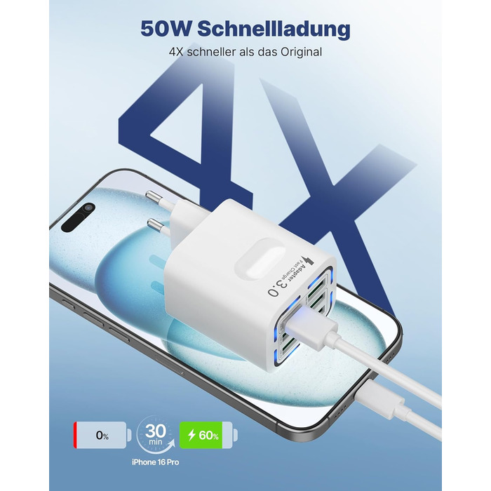 Зарядний пристрій USB 6-портовий, 33W, адаптер з QC 3.0, багатопортовий зарядний пристрій, мережевий адаптер для iPhone 16 15 14 13 12 11 Pro Max, iPad, мобільний телефон, білий